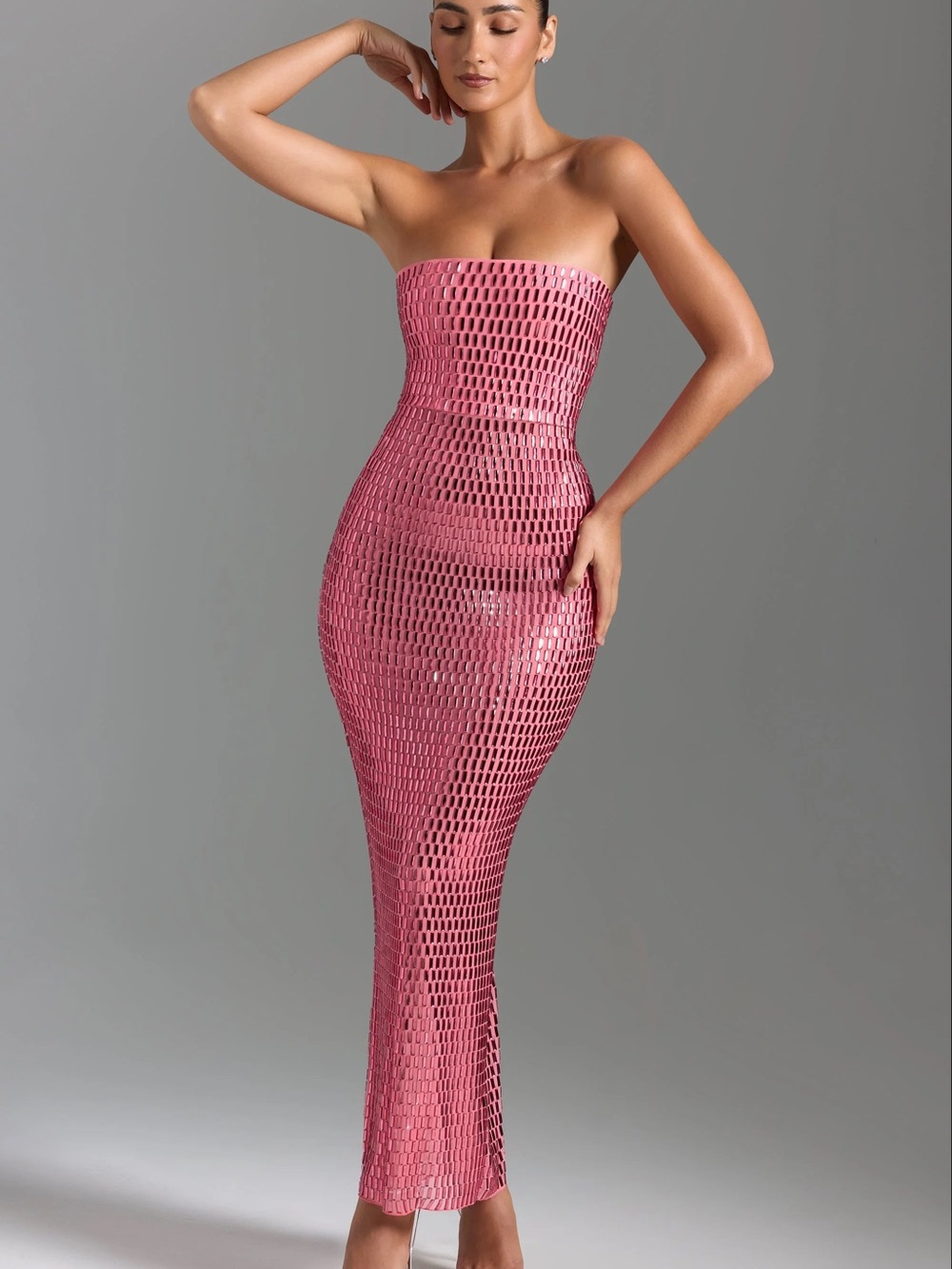 Oh Polly Strapless Pink Textured Maxi Bodycon Dress